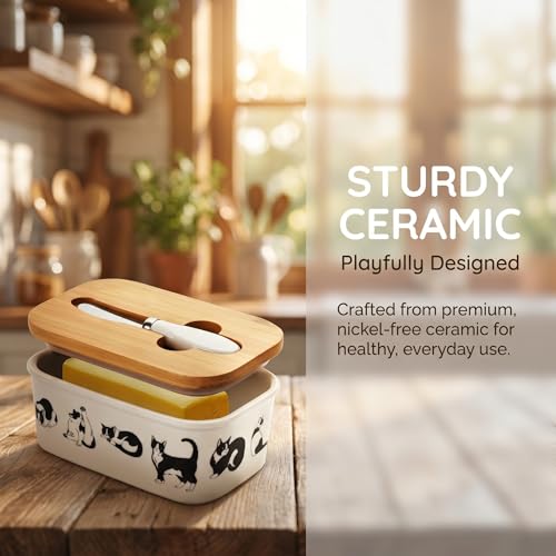 Cute Black White Cat Print Ceramic Butter Dish with Bamboo Lid & Butter Knife, Covered Butter Keeper Container Fits Standard Western Butter Stick for Kitchen Countertop Fridge Storage - color: Cute cat