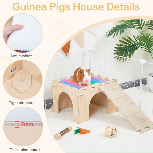 Unicorn Catcher 1 Pack Wooden Guinea Pig Hideout House with Stairs & Mats | Wooden Bunny Castle Hideout With Stairs And Soft Mats Perfect For Ferrets Chinchillas And Small Animals In Cages - size: 1 House