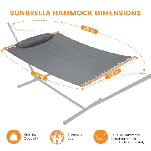 Lazy Daze 12 FT Sunbrella Fabric Hammock, Non-Fading Double Outdoor Hammock | 2 Person Hammock with Pillow, Straps, Carabiners , All Weather Fade Resistant for Outside, Cast Slate - color: Cast Slate