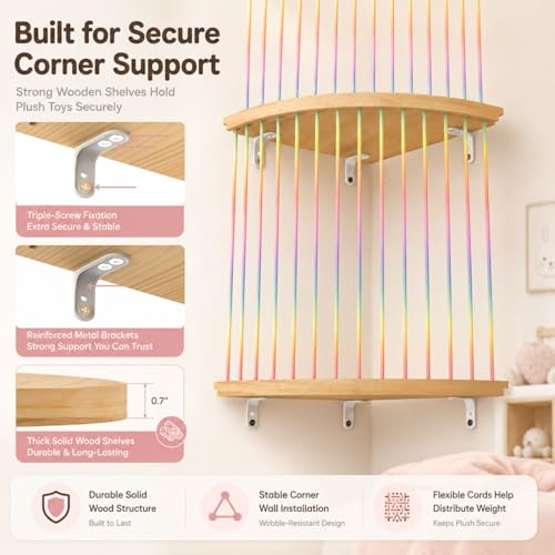 Stuffed Animal Storage Hammock, Wood Stuffed Toy Holder, Playroom Nursery Toy Storage Organizer, Decorative Wall Hanging Caddy Corner Stuffed Animal Net, Soft Toy Net for Kids Room Décor - style: Rainbow three-layered fan shape