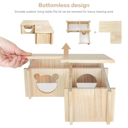 Wooden Hamster Platform and Dwarf Hamster House,Cute Syrian Hamster Tiny House Hideout,Large Balcony Lookout Holes,for Dwarf Gerbils and Mouse Mice Rat Other Small Animals(F) - color: BrownG