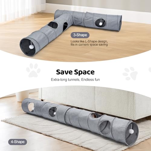 Cat Tunnel, 3 Straight Shaped Tunnels 6 DIY Shapes with Wand Toys, No Noise Scratch Resistant Cool Linen Fabric, Interactive Pet Tunnel Tube for Indoor Cats, Puppy and Rabbits - color: Grey