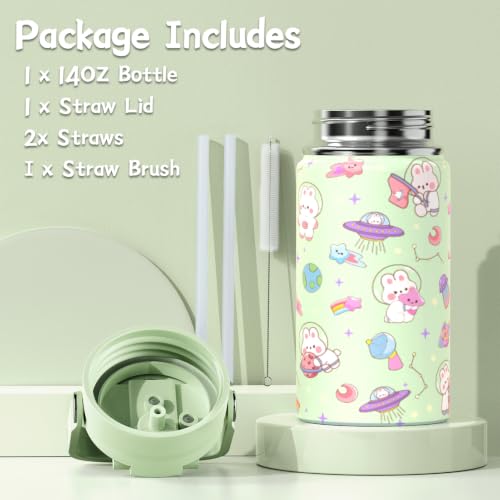 FIXITOK Girls Backpack with 14oz Insulated Water Bottle Set, Kawaii Bunny School Backpack for Girls with Kids Water Bottle Lunch Bag Pencil Case for Kindergarten Elementary Preschool School - color: W-green
