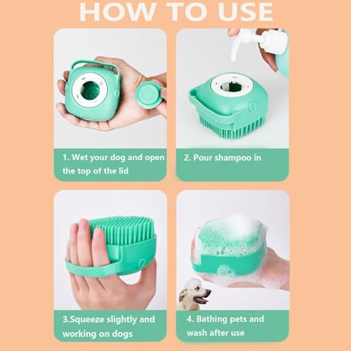 Pet Bath Scrubber Brush, Dog Grooming Massage Shampoo Bath Brush with Soap and Shampoo Dispenser Soft Silicone Bristle for Long Short Haired Dogs Cats Shower (Blue)