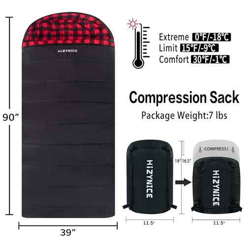HiZYNICE Sleeping Bags for Adults XXL Cold Weather | 100% Cotton Flannel Winter Camping Large 90 x 39 in,Compression Sack Included - color: Black, size: 0F Left Zip