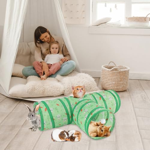 BWOGUE Bunny Tunnels & Tubes Collapsible 3 Way Bunny Hideout Small Animal Activity Tunnel Toys for Dwarf Rabbits Guinea Pigs Kitty - color: Green