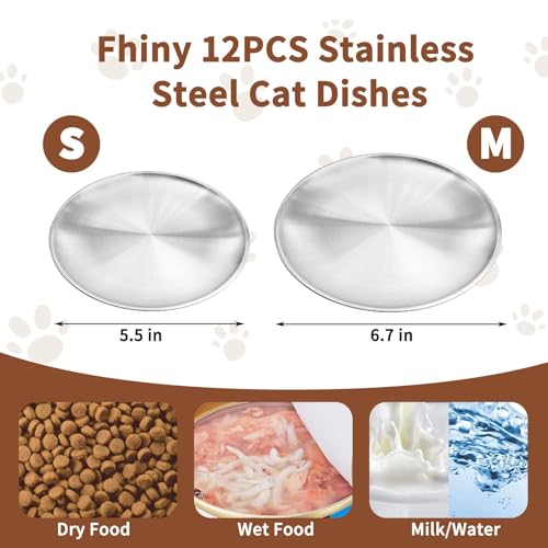 Fhiny 12-Piece Stainless Steel Cat Dish Set, 5.5" Wide, Shallow Kitten Feeding Plate, Basic Small Pet Bowl, Metal Flat Dish for Stray Cats & Dogs