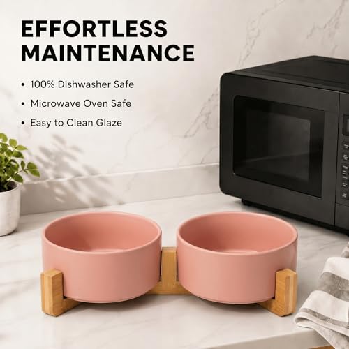 SPUNKYJUNKY Ceramic Dog and Cat Bowl with Wood Stand Non-Slip Matte Glaze Weighted Food Water Set for Cat Medium Dog 28.7 OZ - color: Pink × 2, size: 3.6 cups