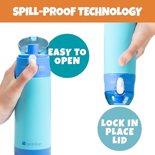 Bentology Stainless Steel 13 Oz Reusable Water Bottle for Kids, Blue | Double Wall Insulated, Spill Proof Lid W/Built-in Straw- Keep Liquids Hot or Cold- Easily Fits in Lunch Boxes & Bags - color: Blue