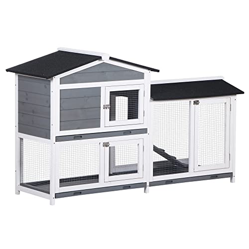 PawHut 62" Rabbit Hutch, Wooden Bunny Hutch, Guinea Pig Cage, Small Animal Enclosure with Run Area, Removable Tray, Asphalt Roof, Lockable Doors and Ramp, Gray | Wooden Bunny Hutch, Guinea Pig Cage, Small Animal Enclosure, Removable Tray, Asphalt Roof, Lo