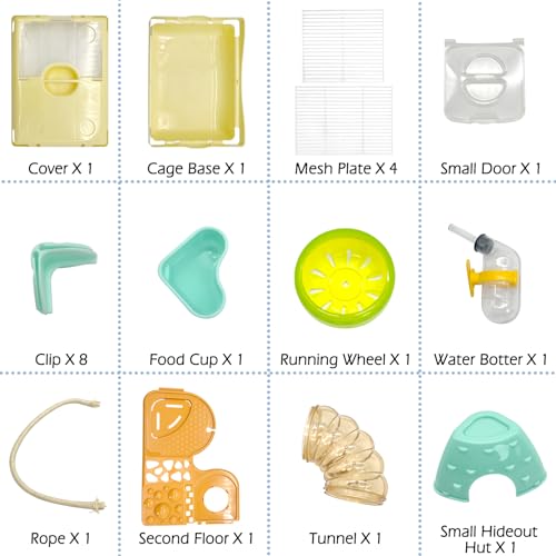 Hamiledyi Portable Hamster Cage 2 Layers Dwarf Hamster Habitat 10.90”L*8.07”W*9.84”H Small Animal Travel Cage with Exercise Wheel Hamster Enclosure Mouse Cage for Hamsters Mice Gerbils Tiny Pets - color: Yellow