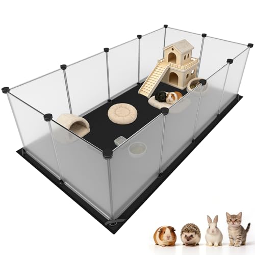Tresbro Guinea Pig Cage with Waterproof Mat & 12 Transparent Panels, Bunny Enclosure and Indoor Guinea Pig Playpen 48''L x 24''W x 16''H, Small Animal Playpen for Hamster, Hedgehog, Kitten, Rabbit - size: 12 Panels with flat mat