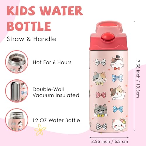 Cat & Bowknot 12 oz Water Bottle with Straw – Kids Stainless Steel Vacuum Insulated Cup, Leakproof Pop-Up Spout, Reusable Travel Mug for Girls Outdoor Sports - color: Cat1