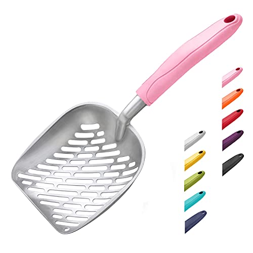 Cat Litter Scoop, Aluminum Alloy Sifter, Kitty Metal Scooper, Deep Shovel with Diagonal Sifting Hole, Long Handle, Kitten Poop Lifter for Litter Box, Large Size, Pink Handle - color: #10 Pink, size: Large
