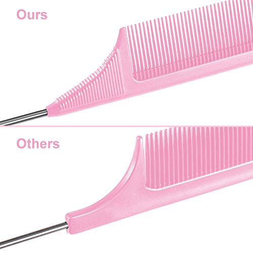Leinuosen 3 Pack 9 Inch Rat Tail Comb with Metal Pick, Carbon Fiber,Pink | Heat Resistant Styling, Lightweight Sectioning, Fine Tooth for Precise Parting, Teasing Tool for Wigs and Women Haircare - color: Pink
