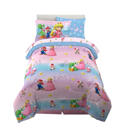 Super Mario Girl Princess Peach Girl Gamer Kids Bedding Super Soft & Cozy Reversible Microfiber Comforter and Sheet Set with Sham, 5 Piece Twin Size, (Officially Licensed Product) By Franco - color: Super Mario Girl, size: 5 Piece Twin Size