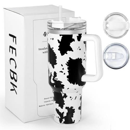 40 oz Cow Tumbler with Handle and Straw, 100% Leak-Proof Travel Mug, Stainless Steel Double Wall Vacuum Insulated Coffee Cup Keeps Cold For 34 Hours, White Cow - color: White Cow