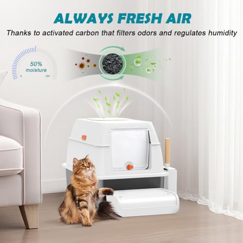SZEE XL Stainless Steel Litter Box with Lid, Extra Large Metal Covered Litter Box, Stainless Box Easy Clean, Activated Charcoal Odor Control Design, Includes Litter Scoop & Mat & Step, White - color: White