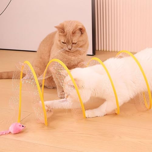 Andiker Cat Tunnel Toy, 10inch Collapsible Metal Cat Spring Toy with Nylon Mesh, Feather, Mouse, and Bell, Interactive Cat Toys for Indoor Cats to Scratch, Puzzle, Relax and Kill Time (Mouse) - color: Mouse
