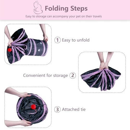 3 Way Cat Tunnel Collapsible Fun Pet Play Tube Toys for Cats, Kittens, Puppies & Rabbits - Portable Tunnel with Hanging Ball for Indoor Play, Hideout & Exercise - color: Pink Black