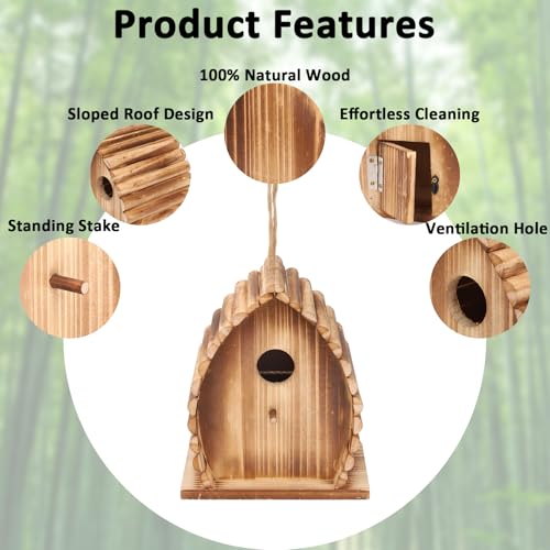 Bird House for Outside Hanging Natural Wooden Birdhouse | 6.3 * 4.7 * 7.4 inch Hanging Bird House for Bluebird Humming Finch Cardinal Wren