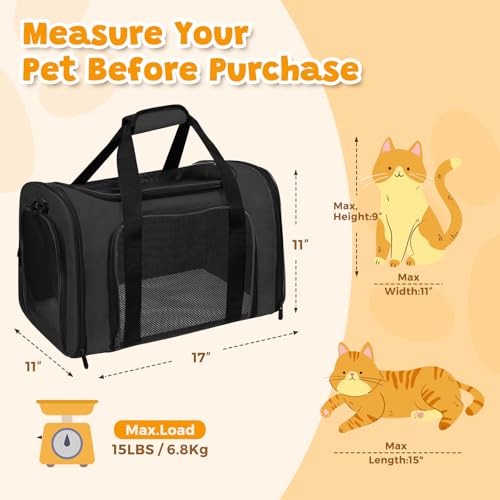 Cat Carrier Soft Up to 16 Lbs, Breathable Pet Travel Bag with Steel Frame | Lockable Zippers, Fits Small Dog, Kitten, and Rabbit,Medium Travel Carrying Case for Kennel Car Airline Transport，Black - color: Black, size: 17.0"L x 11.0"W x 11.0"H