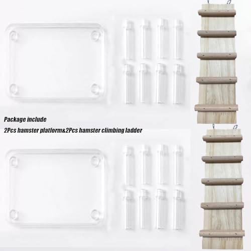 Hamster Platform 4Pcs Acrylic Small Animal Stand Climbing Toy Stuff with Wood Ladder for Dwarf Syrian Hamsters Gerbils Mice Sugar Glider Reptile Bird - color: Transparent(2PCS)