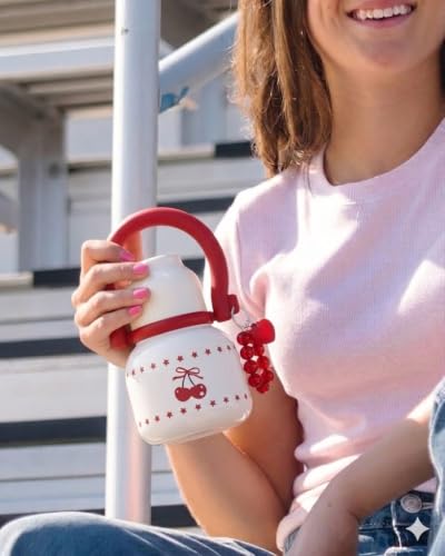 22 oz Leakproof Insulated Water Bottle with Handle Dual Lid Cherry | 316L Stainless Steel | Dual Drinking Options | BPA-Free | Steel | Cold 24H & Hot 12H | Wide Mouth Design | Easy Cleaning - color: White
