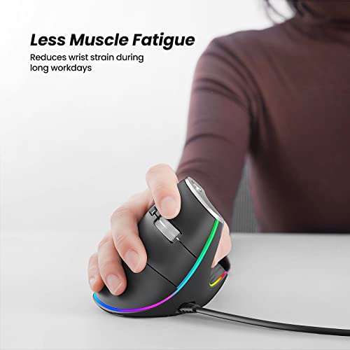 Nulea Ergonomic Vertical Mouse Wired with 11 RGB Backlight and 6 Buttons | USB Optical Mouse with 4 Adjustable DPI, Plug and Play Design for Laptop, PC, Mac,Desktop, Office Use - color: A-Grey