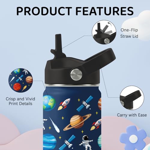 Planet Water Bottle for Son & Daughter, Stainless Steel Insulated Tumbler with Straw Lid and Handle, 12oz Reusable Leak-Proof Bottle for Sports - color: Planet-Blue