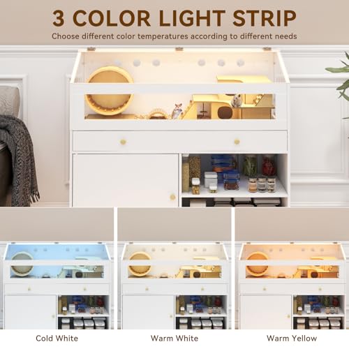 Hamster Cage with Storage Cabinet, Small Animal Habitat – Furniture-Style Enclosure with Built-in LED Light & Acrylic Panels for Hamsters, Guinea Pigs, Rabbits