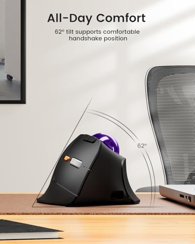ProtoArc EM05 NL Wireless Vertical Trackball Mouse, 5 DPI Levels, Purple | 62° Vertical Design Supports a Natural Wrist Posture, Connect 3 Devices Via Bluetooth/2.4G USB-A, 500mAh Rechargeable Battery - color: Purple