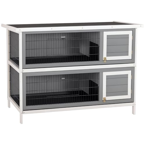 PawHut 54" 2-Story Large Rabbit Hutch Bunny Cage Wooden Pet House Small Animal Habitat with Lockable Doors, No Leak Tray and Waterproof Roof for Outdoor/Indoor Dark Grey | Wooden Pet House, Small Animal Habitat, No Leak Tray, Waterproof Roof, for Chickens