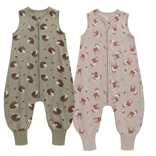 Miracle Baby Sleep Sack with Feet, 0.5 TOG 100% Cotton Wearable Blanket with Legs, Sleeveless Sleeping Bag for Babies(2 Pack) - color: Deer + Hedgehog, size: L (2-4T)