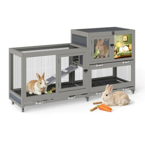 COZIWOW Grey 2-Tier Wooden Rabbit Hutch, Indoor Rabbit Cage | 2-Tier Rabbit House Features Rolling Wheels, Easy-Clean Tray, Anti-Slip Ramp And Air Circulation Vents - size: 2-compartment rabbit cage