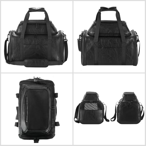 Premium Leather Top Expandable Pet Carrier for Small Dogs & Cats Under 15 lbs, Airline Approved Collapsible Soft-Sided Luxury Travel Bag Black - color: Black