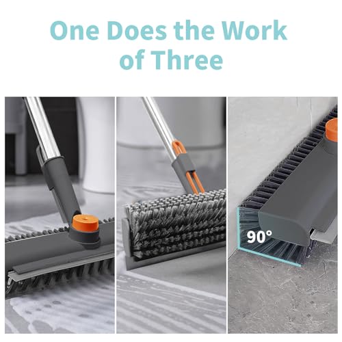 Floor Scrub Brush with Long Handle, 3 in 1 Scrape and Heavy-Duty Stiff Bristle Scrubber Brush for Cleaning Shower Bathroom, Patio, Pool, Garage, Kitchen, Wall and Deck (Gray, 2 Pack) - color: Gray, size: 2 PACK