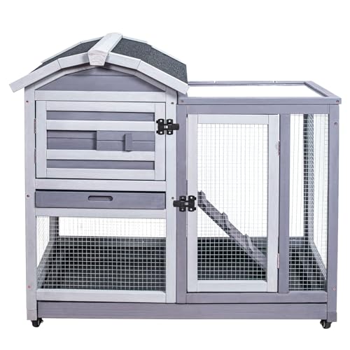 GEGURI Rabbit Hutch Indoor Rabbit Cage Outdoor, Wooden Bunny Cages for Guinea Pig with Wheels, Removable Tray, Ramp