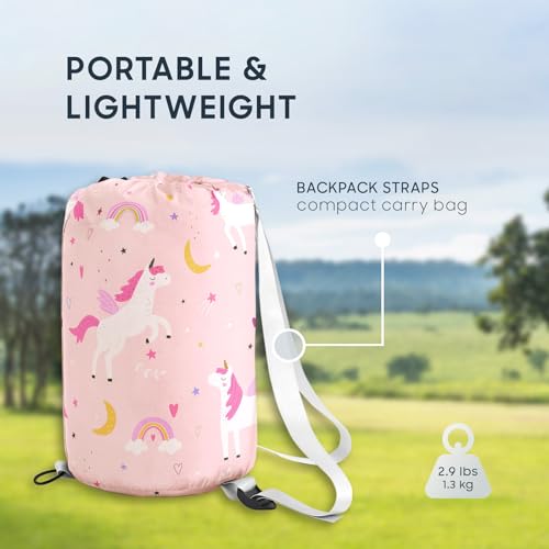 Wake In Cloud - Kids Sleeping Bag for Girls Toddlers, Camping in Warm Cold Weather, Backpacking Lightweight Compact Outdoor Liner for 3 Seasons, Celestial Unicorns