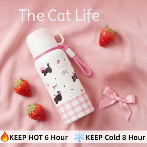 20oz Cat Stainless Steel Insulated Water Bottle | Double Wall Vacuum Tumbler, Leakproof, Dual Use Straight Drink & Straw Lid, Travel Office Outdoor - color: Strawberry Black Cat
