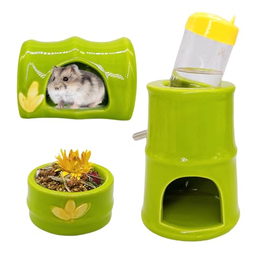 Hamiledyi Ceramic Hamster Hideout Food Bowl Water Bottle Stand Holder Dispenser Syrian House and Habitats Hide Hut Bed Cage Accessories Decor for Mice Dwarf Hamster Gerbil Rat