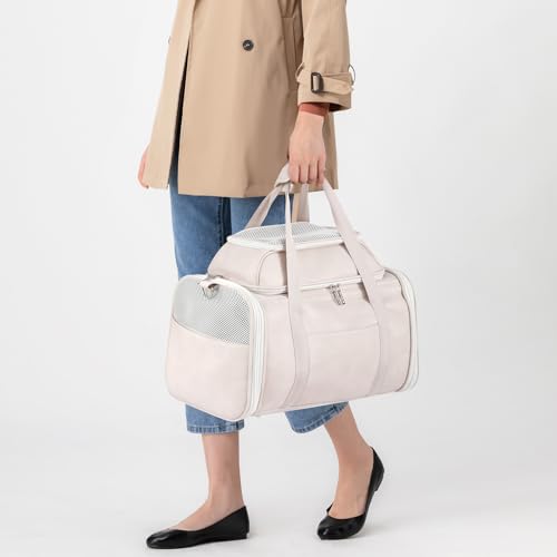 Premium Leather Top Expandable Pet Carrier for Small Dogs & Cats Under 15 lbs, Airline Approved Collapsible Soft-Sided Luxury Travel Bag Beige - color: Beige