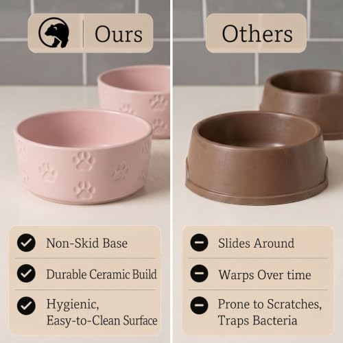 Ceramic Dog Bowl Set of 2 w/ Anti-Skid Base 6.5"W x 2.5"H, 3.8 Cup Capacity | Thick Ceramic, Dishwasher Safe, Anti-Skid Rubber Base, 3.8 Cups per Bowl, Ceramic Food & Water Bowls Set of 2 for Medium Dogs - color: Blush Pink, size: Medium