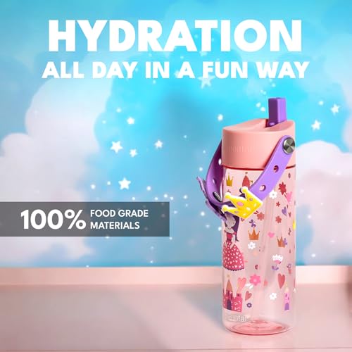 Elemental Water Bottles for Kids - Splash Kids Water Bottle for School with Fun Charm Handle - BPA Free Tritan Plastic Bottle with Straw Leak Proof When Spout is Closed - 18oz - Princess Dream - color: Princess Dream