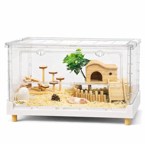 Extra Tall Foldable Clear Hamster Cage with Front Door, Deep Base Habitat for Thick Bedding & Burrowing, Easy Clean Wire Mesh Top Ventilation, Escape Proof Enclosure, 27.5x17x16 in - size: 27.5"L x 17.0"W x 16.0"H