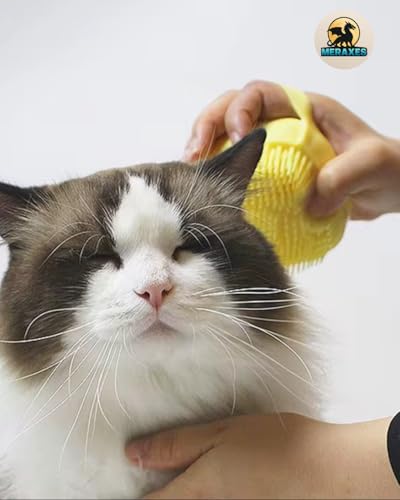 MERAXES Pet Grooming Bath Brush with Soap Dispenser – Soft Silicone Massage Bristles for Dogs & Cats, Gentle Deshedding & Deep Cleaning for Long or Short Hair – Yellow