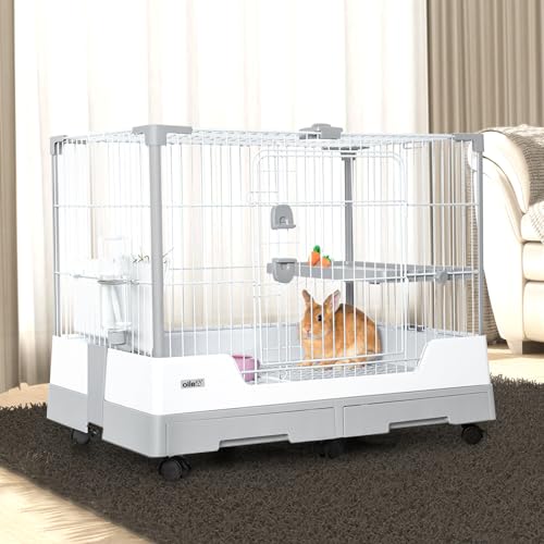 Deluxe Rabbit Cage, 32" × 21" × 26" Large Space Bunny Cage Foldable Small Animal Cage with Pull Out Tray and Caster Platform, Professional Household Anti-Spray Urine Rabbit Cage Hutch Indoor