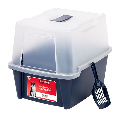 IRIS USA Large Front Door Cat Litter Box, Walk-in Entry, Navy | Easy Access Needs, Private Enclosure Design, Covered Walk-Through, Contained Environment, Privacy Hood - size: Hooded
