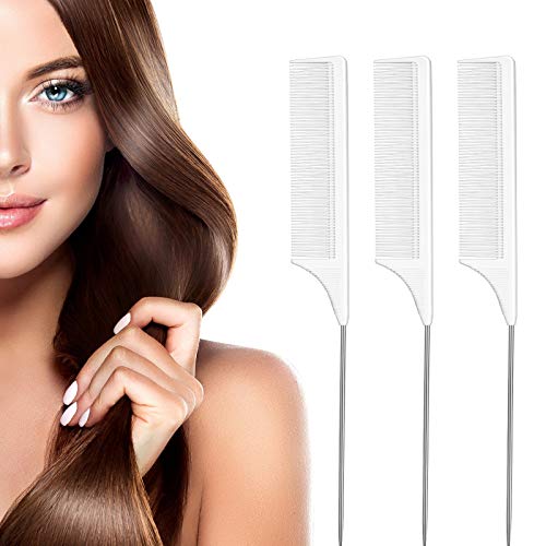 Leinuosen 3 Pack Rat Tail Comb Carbon Fiber,White | Steel Pin Tail for Sectioning, Heat Resistant Teasing, Pick Comb for Women Wig Styling, Fishtail Design for Salon Updos - color: White