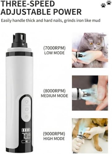 Silent Pet Nail Grinder Pro Dog and Cat Nail Trimmer with LED Light 3-Speed Low Noise Electric Pet Nail Trimmer Painless Paw Grooming Tool for Small Medium Large Dogs Cats, with 2 X Replacement Heads
